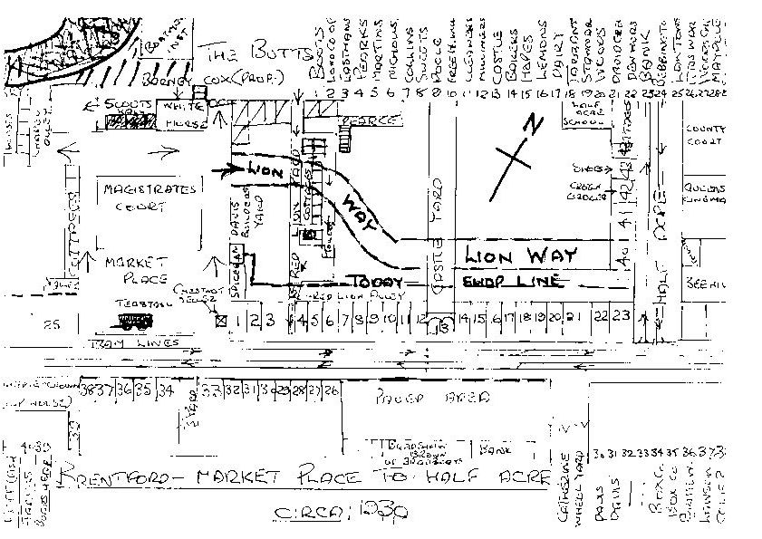 Hand-drawn map showing the area between the Market Place and Half Acre as it was ca 1930