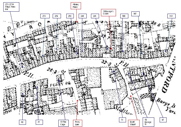 Annotated map showing house numbers, roads and public house names