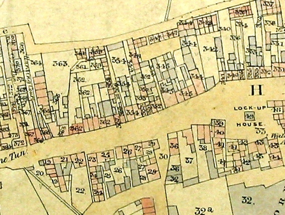 Tithe map, drawn by hand & water-coloured; this section shows the One Tun Inn and to the east including Ferry Square