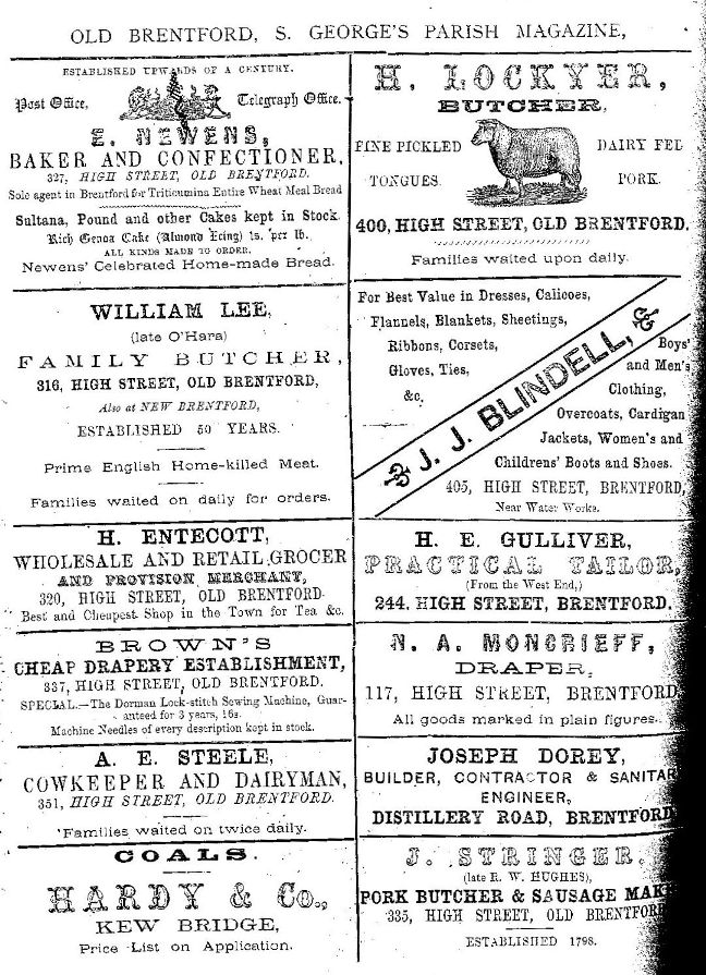 Page of adverts: E Newens baker; William Lee butcher; H Entecott grocer; Brown's cheap drapery; A E Steele cowkeeper & dairyman; Hardy & Co coals; H Lockyer butcher; J J Blindell clothiers; H E Gulliver tailor; N A Moncrieff draper; Joseph Dorey builder; J Stringer pork butcher