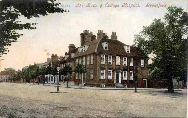 Tinted postcard 'The Butts and Cottage Hospital Brentford'