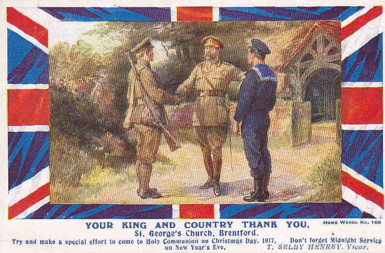 Union Jack background, image of King George V thanking a soldier and sailor outside a picturesque church