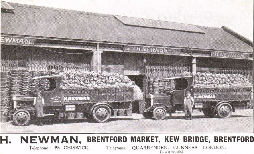 Banana warehouse and two Newman lorries