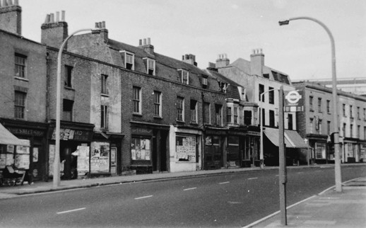 Black & white photo looking east towards Rattenburys shop