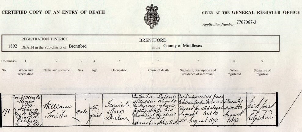 Death certificate of William Smith