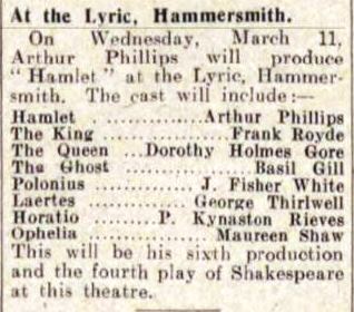 Cast list from The Stage