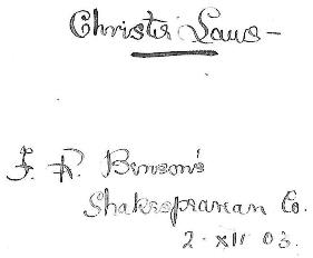 Inscription: Christie Laws - F R Benson's Shakespearean Co. 2 XII 03